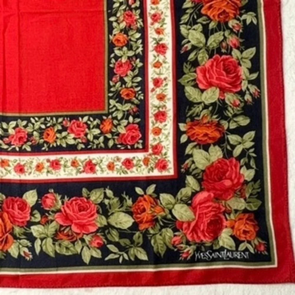 Vtg YVES SAINT LAURENT Scarf Handkerchief Floral Rose Red Navy 18.5